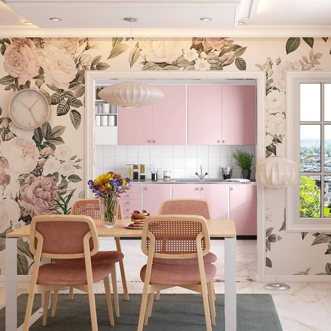 Bold Floral Wallpaper Frames the Pink Kitchen Entrance