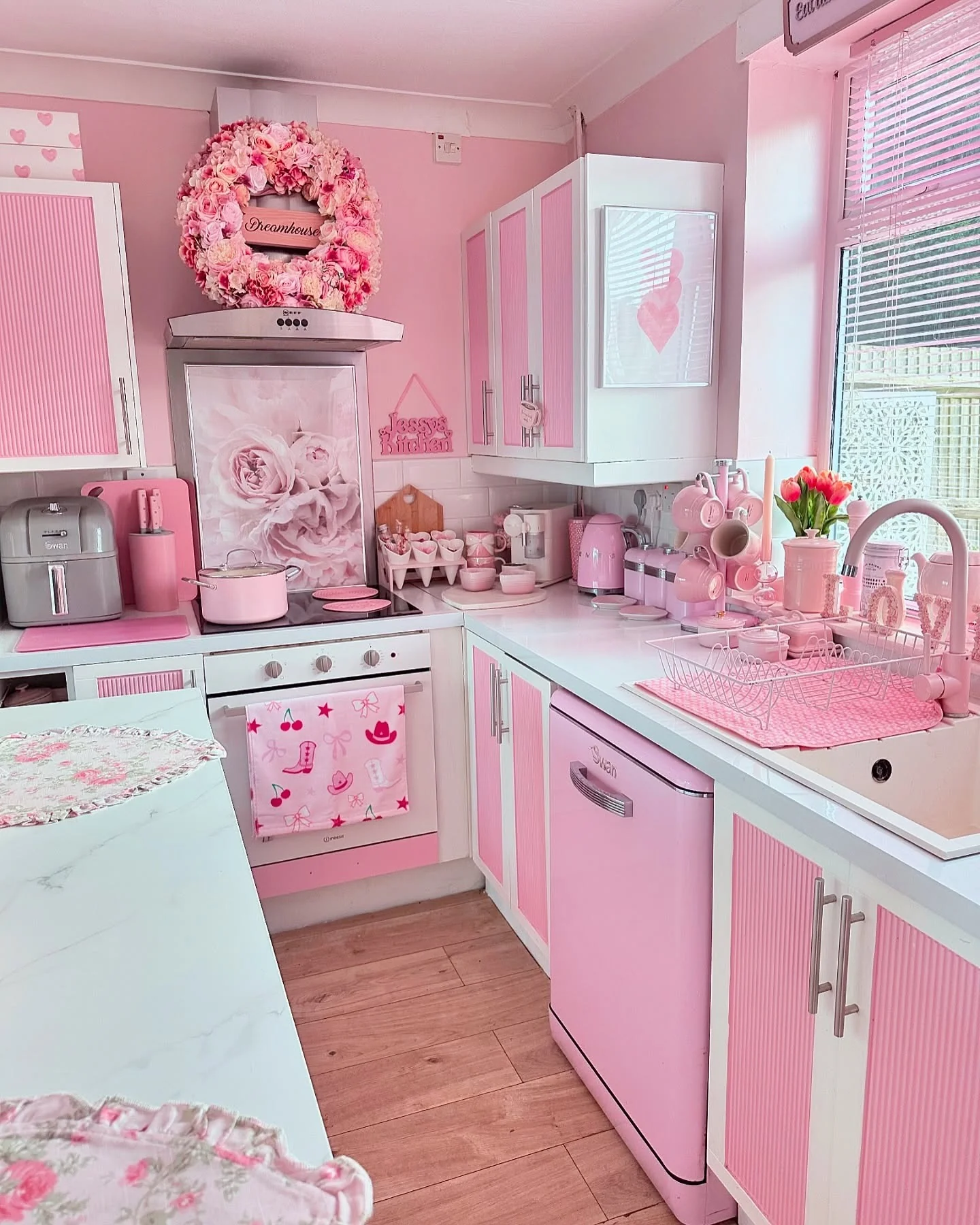 Floral Wreath Above Range Hood Adds Whimsical Charm