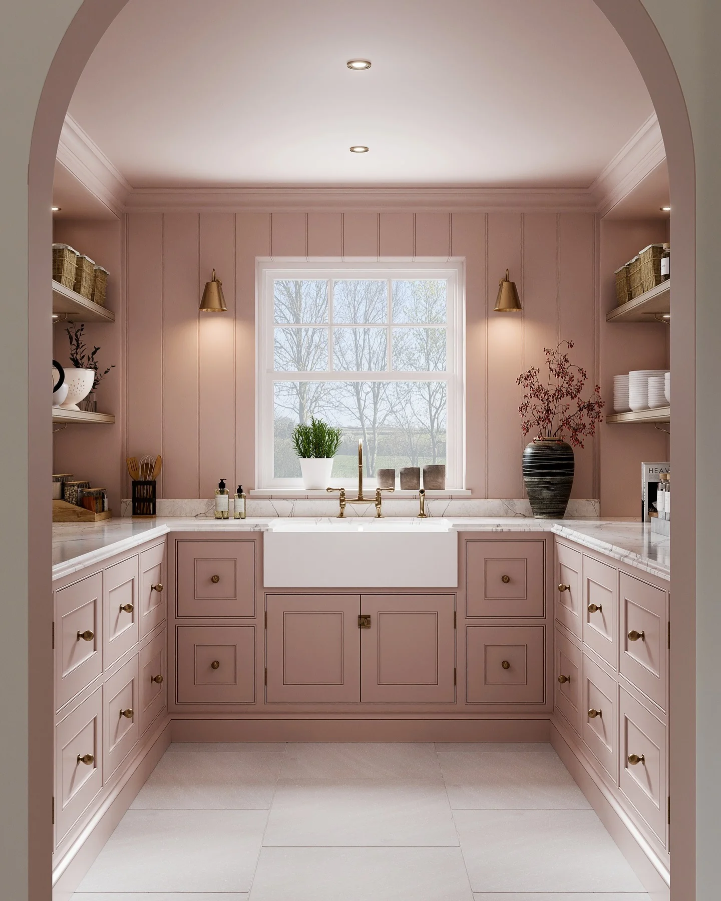 Brass Sconce Lighting Warms Up Pink Shiplap Walls