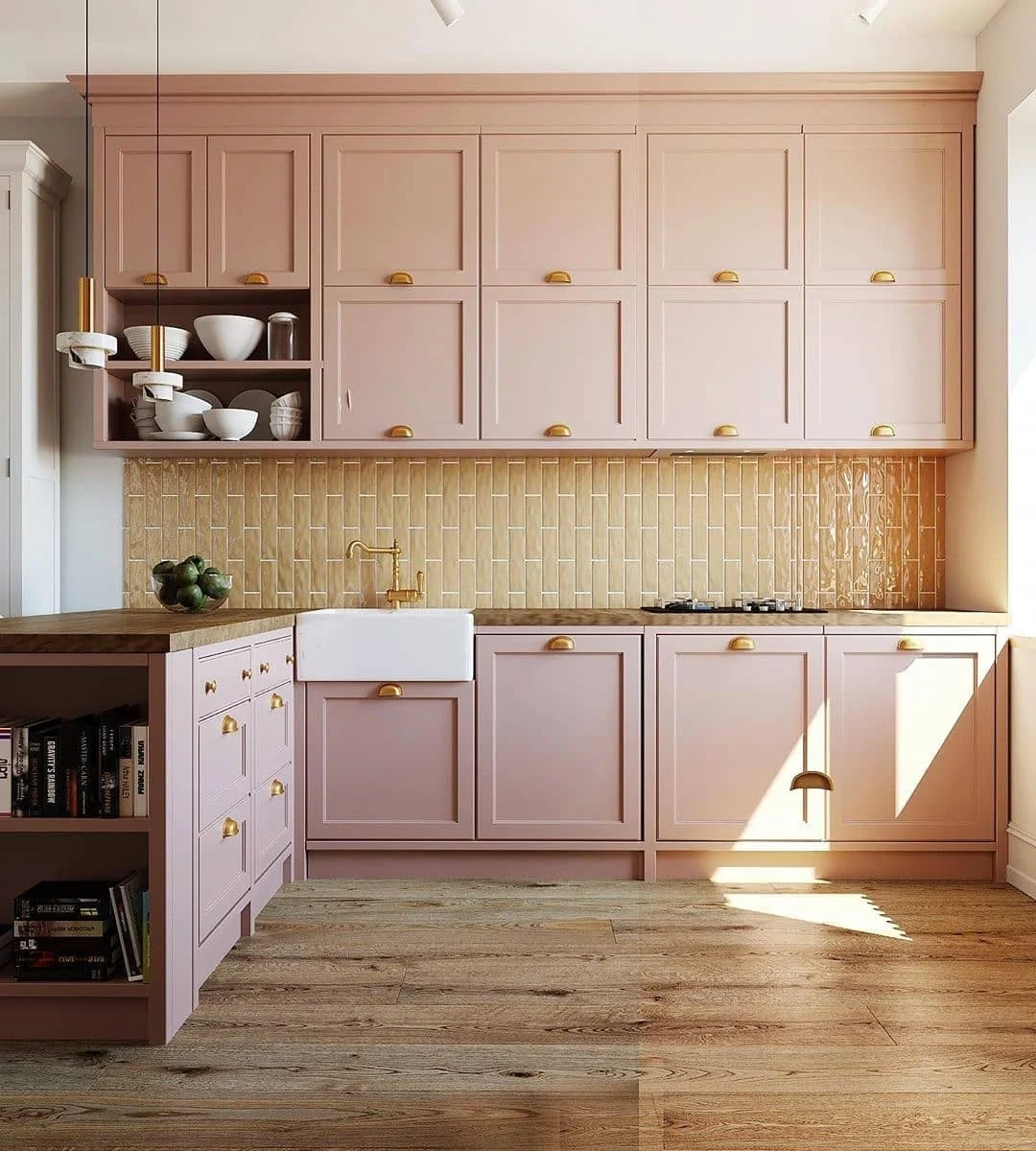 Textured Tan Tile Backsplash Adds Warmth to Pink Cabinets