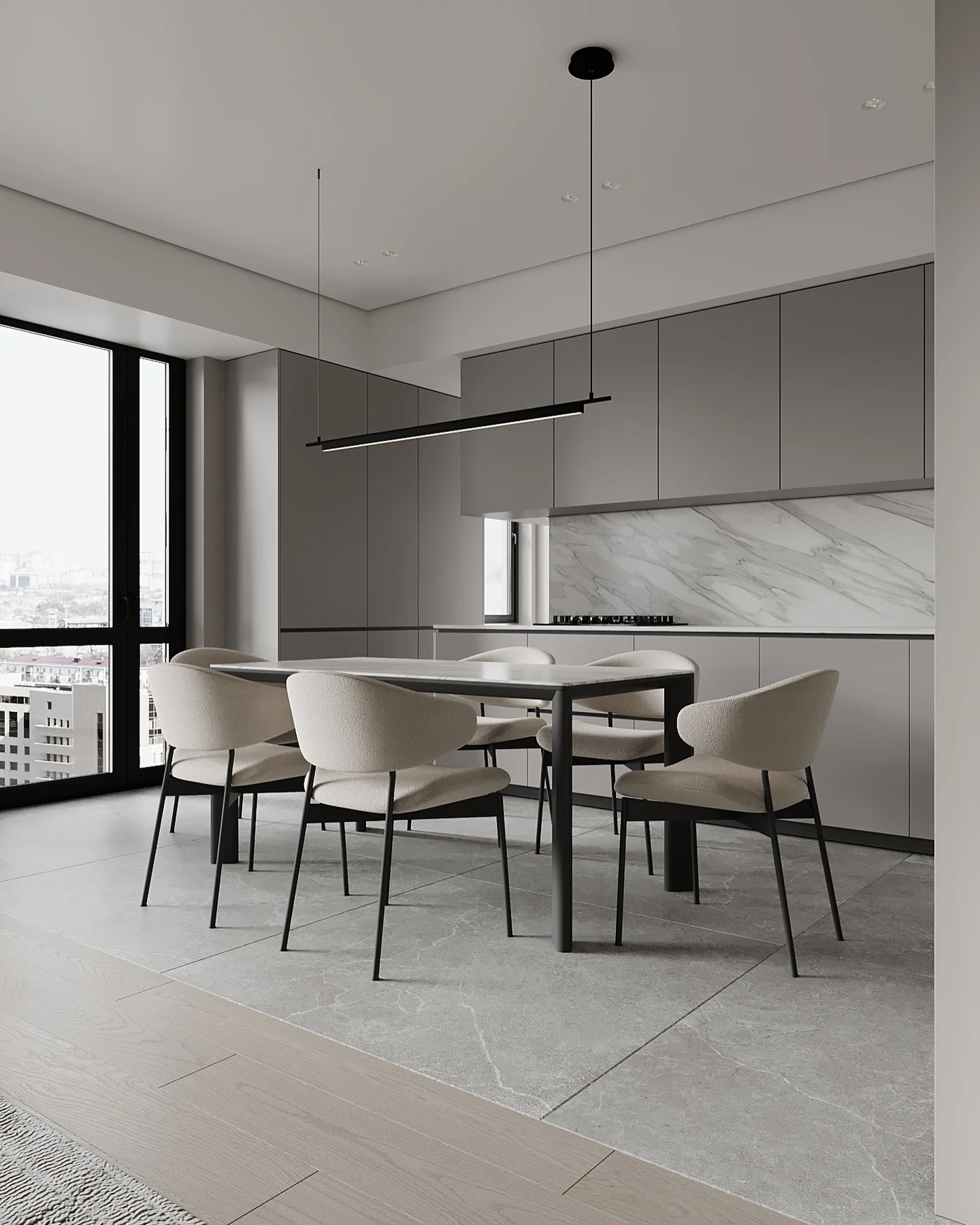 Linear Pendant Light Defines Dining Area