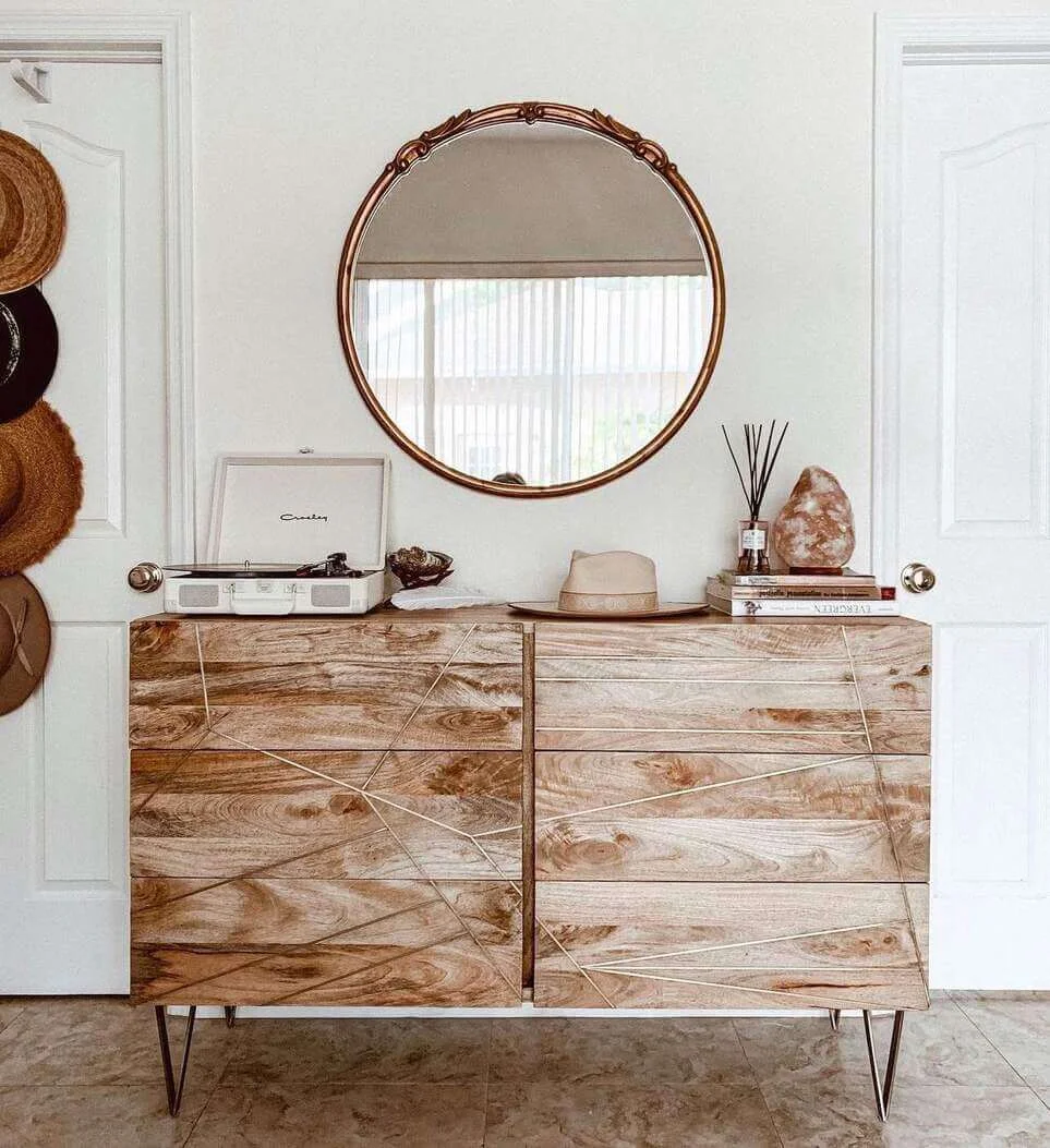 Wood Dresser with Geometric Gold Inlay