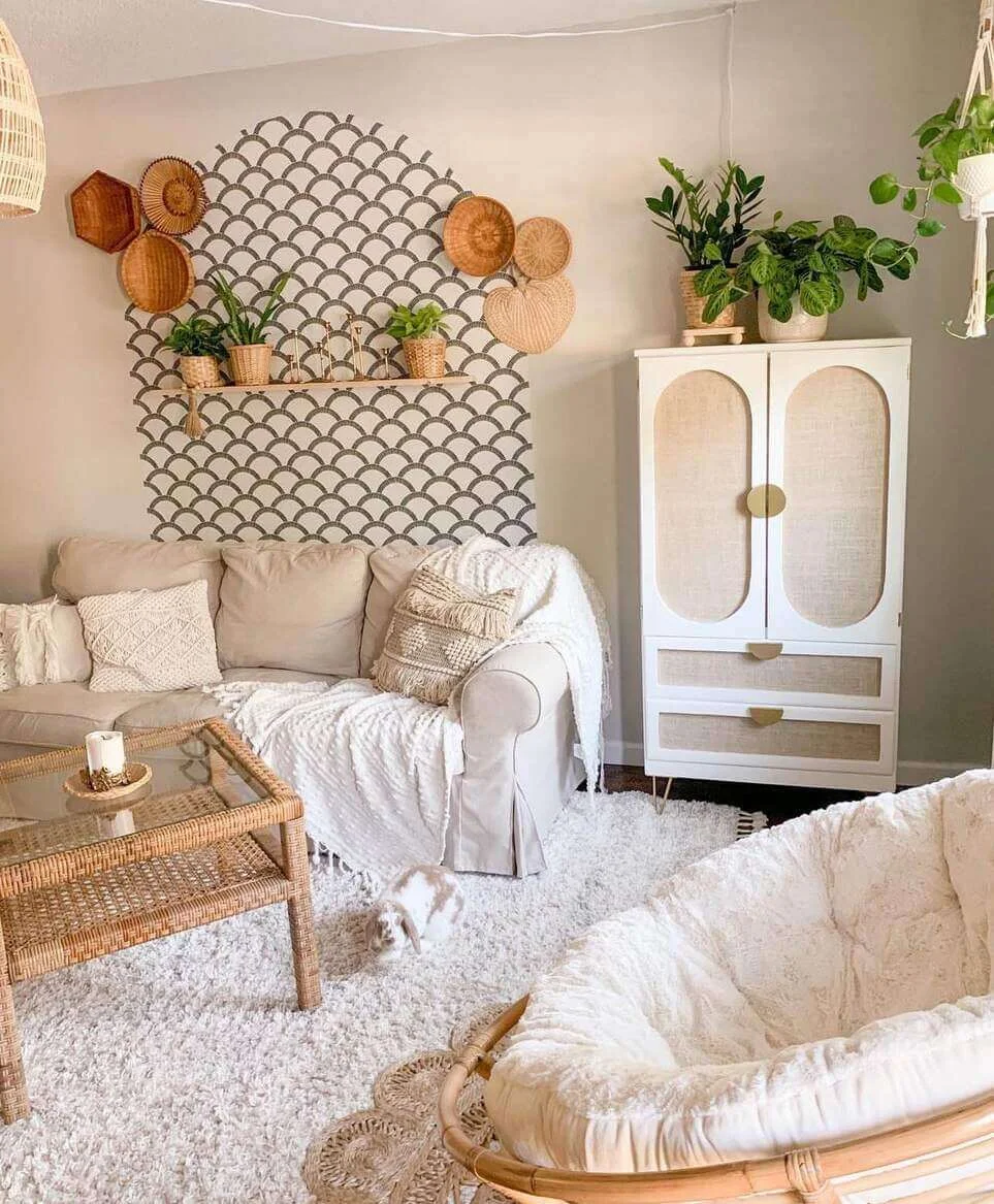 Arched Wall Stencil Adds Global Texture Behind Sofa
