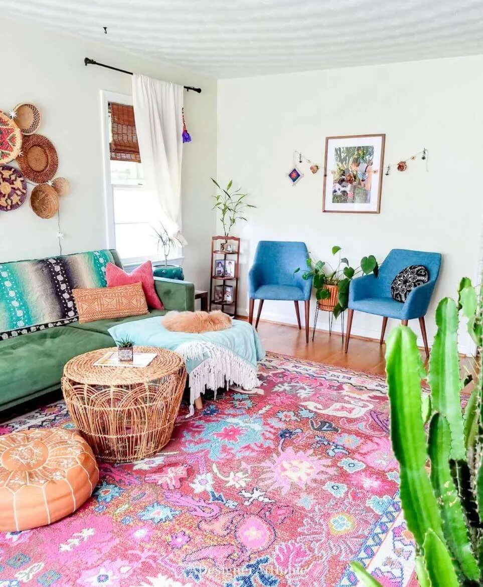 Layered Boho Rugs Create a Vibrant Pink and Teal Foundation