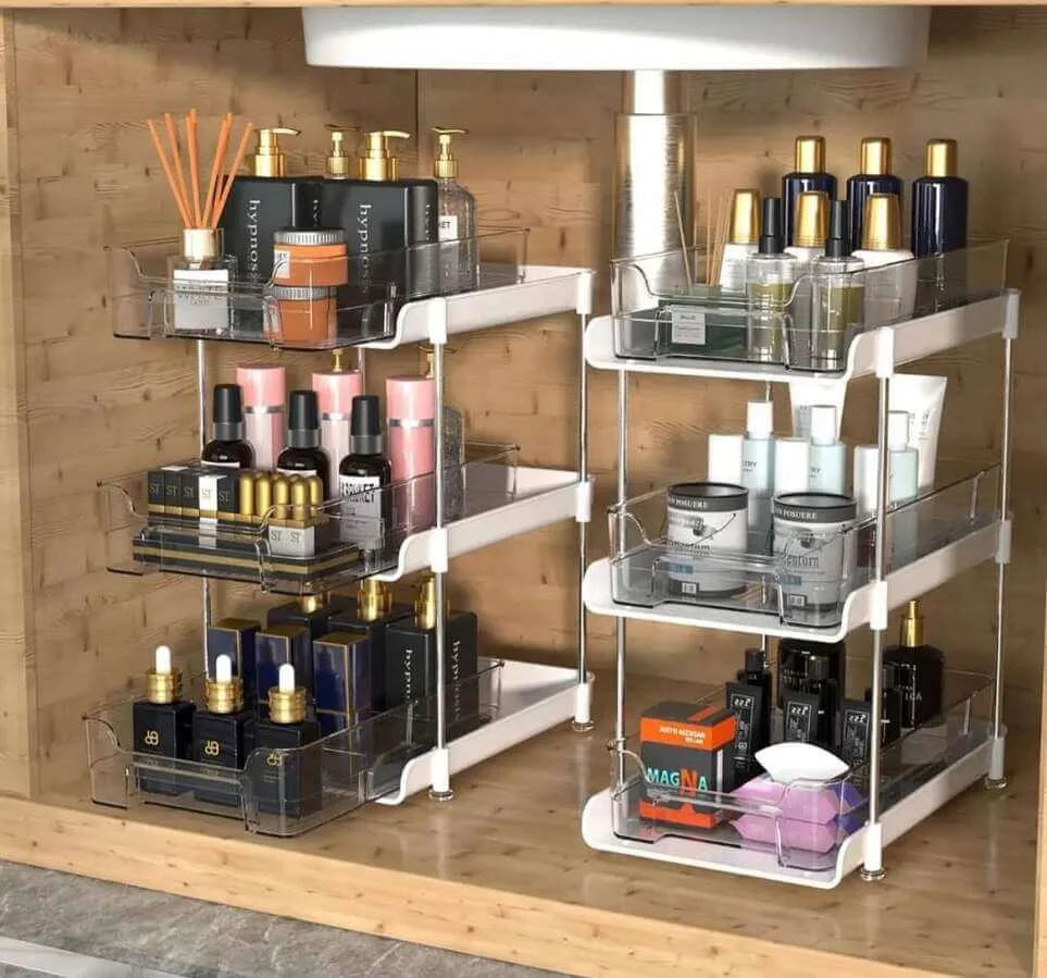 Tiered Pull-Out Drawers Keep Bathroom Bottles Organized