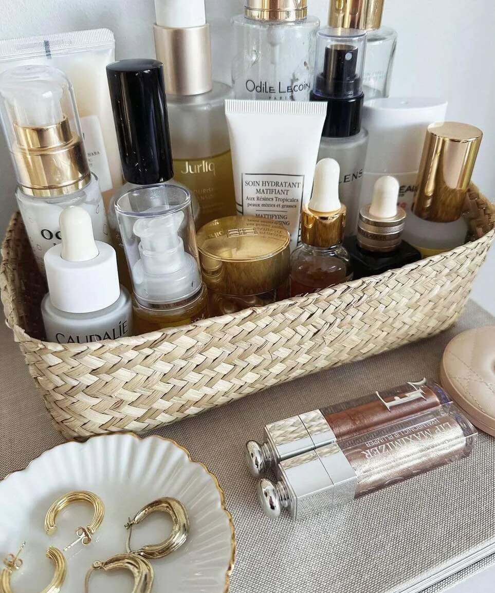 Contain Tall Bottles and Jars in a Woven Seagrass Basket