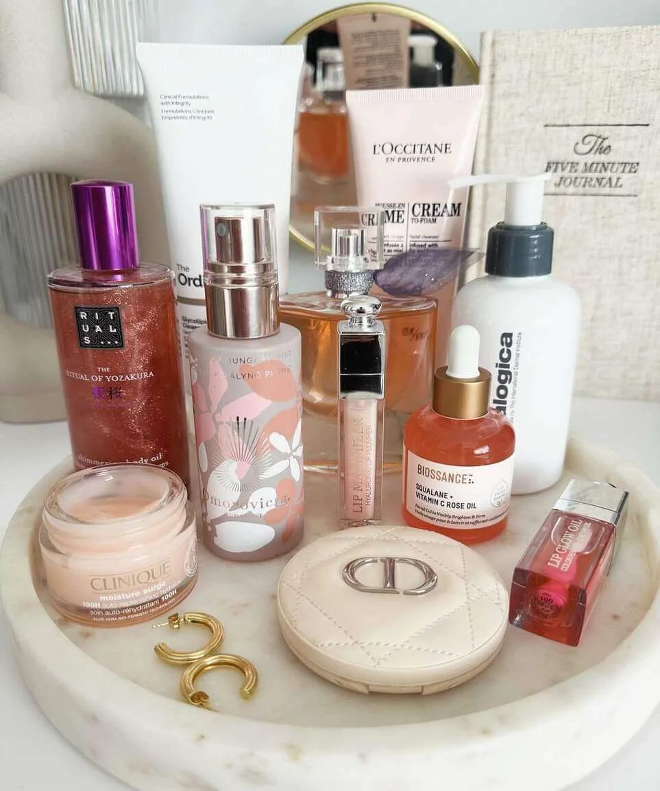 Group Everyday Makeup on a Marble Tray