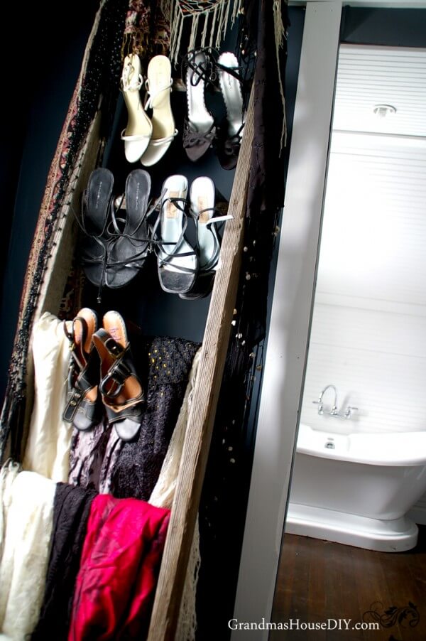 Leaning Ladder Displays Shoes and Scarves