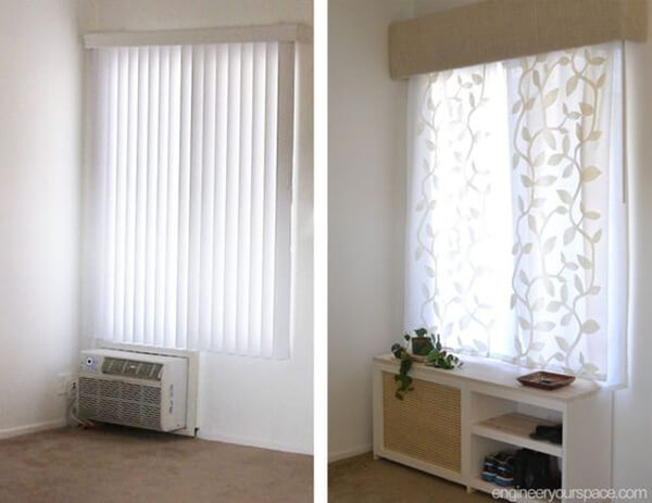 White Bench With Shelves Hides Air Conditioner and Stores Shoes