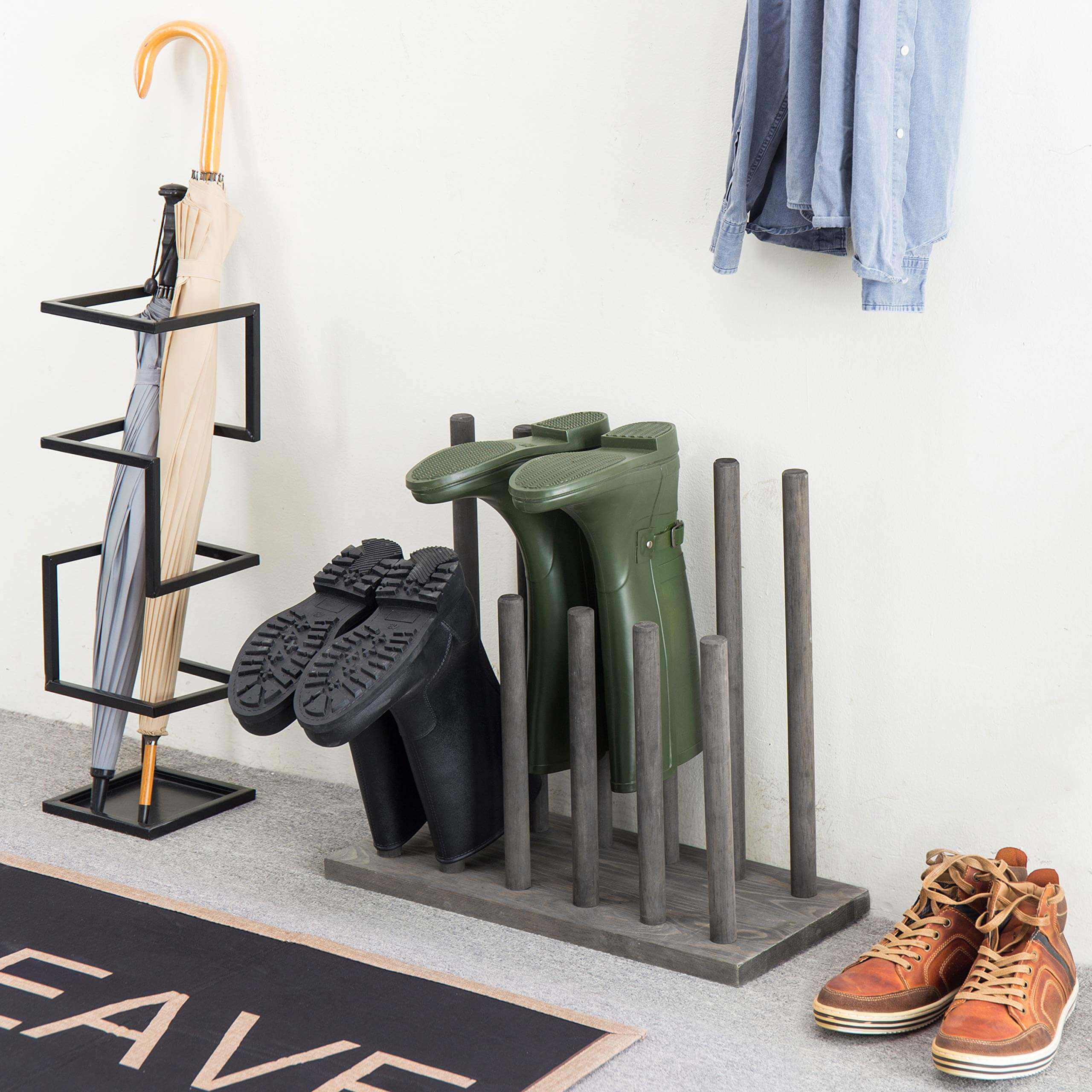 Wooden Dowel Rack Keeps Tall Boots Upright
