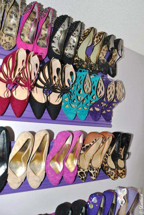 Purple Ledge Shelves Organize Heels By Color