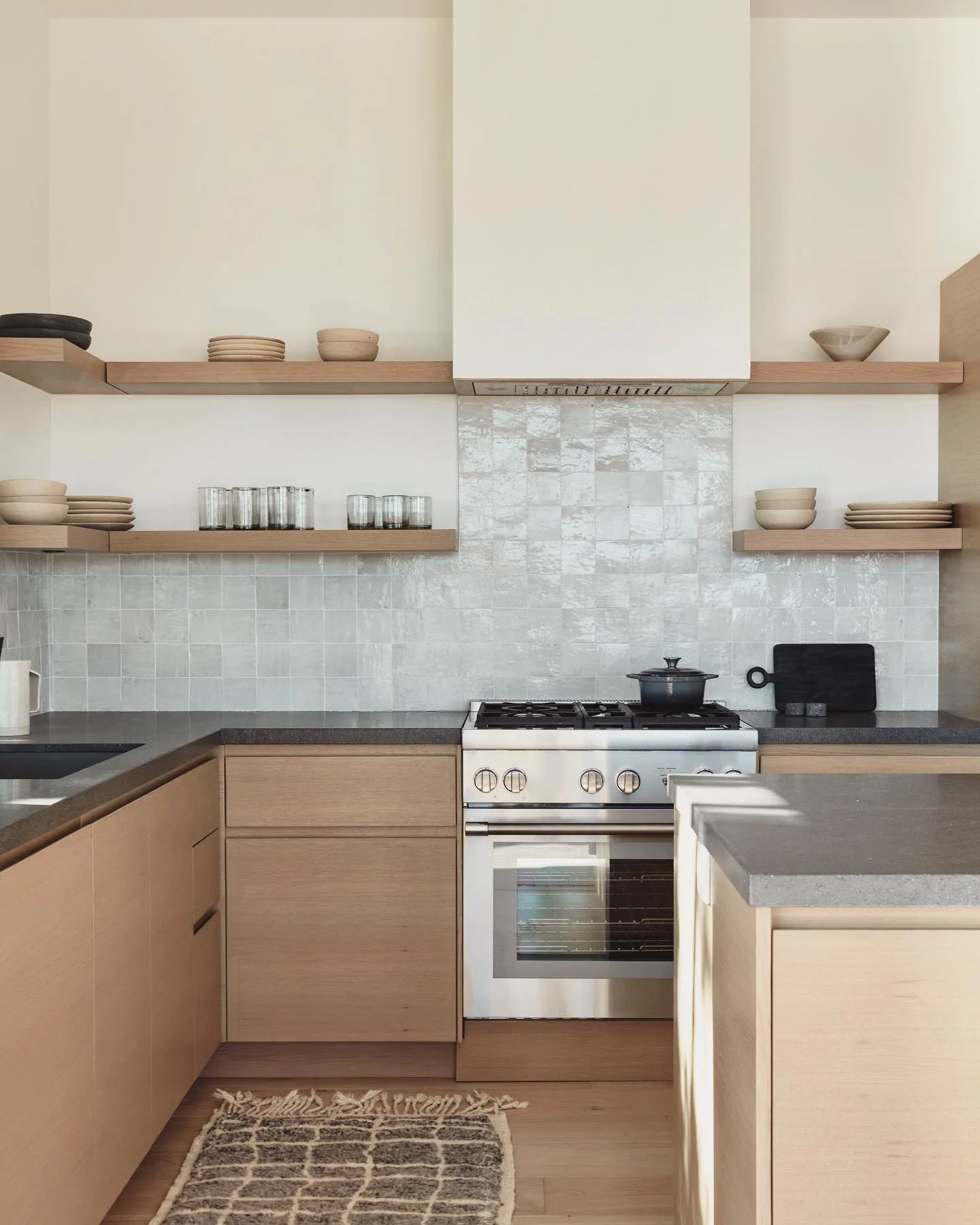 Floating Wood Shelves Keep Everyday Dishes Within Reach