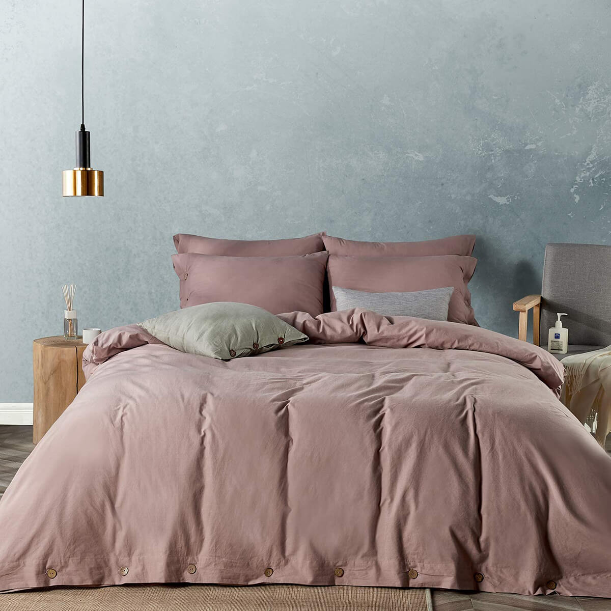 Choose Dusty Rose Bedding with Natural Wood Buttons