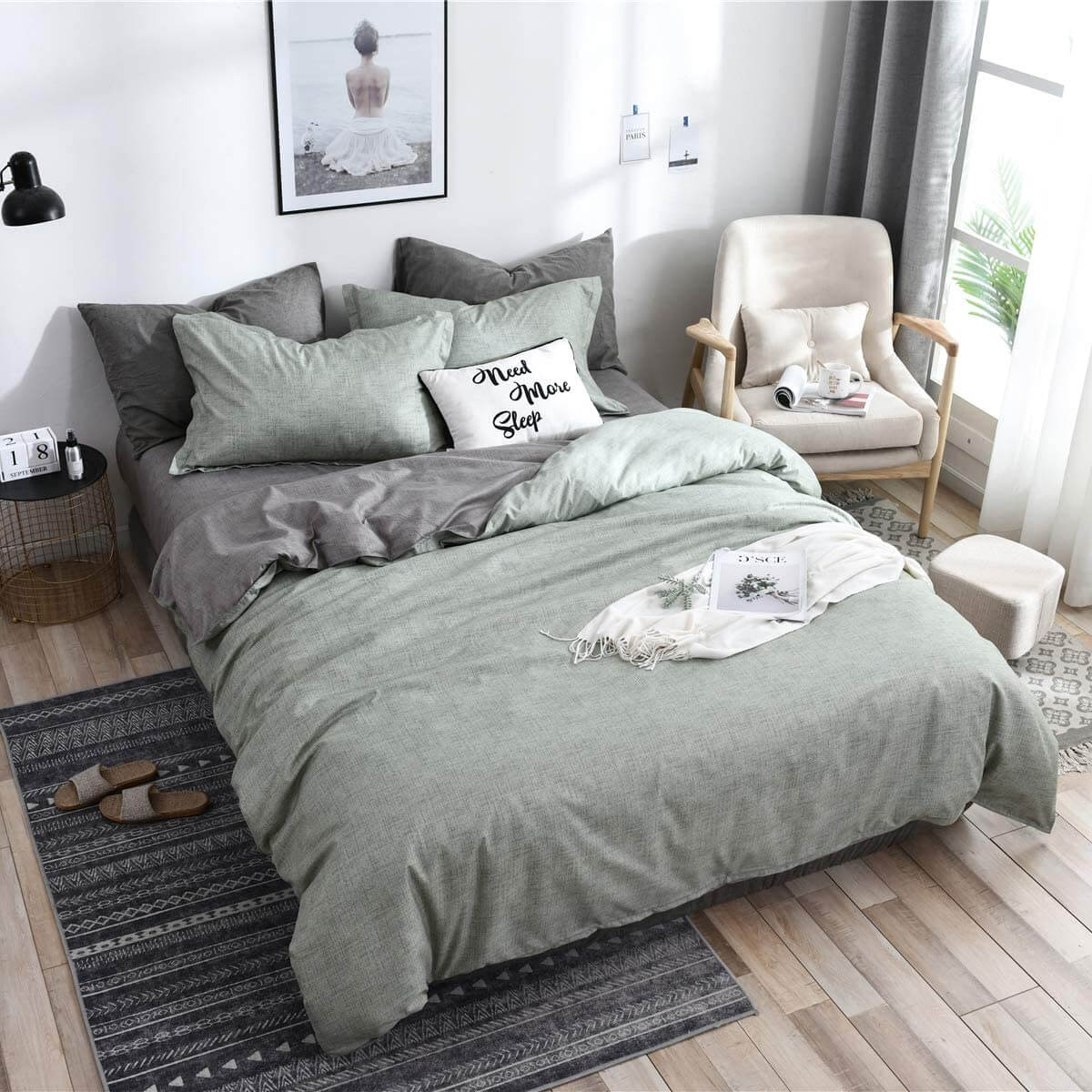 Combine Sage Green Bedding with Contrasting Grey Pillows