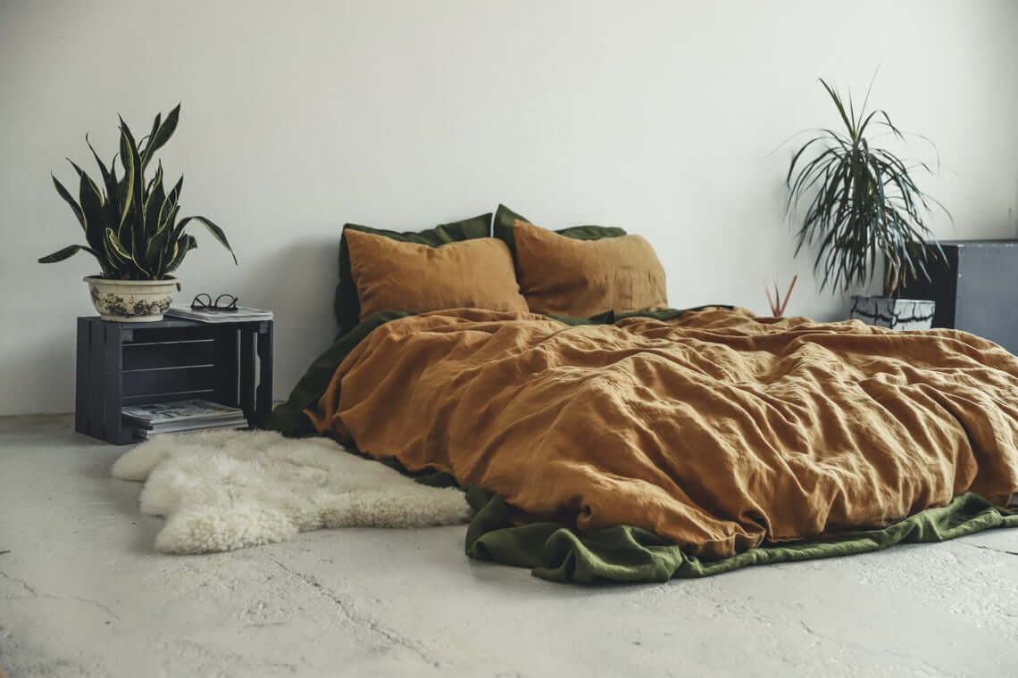 Contrast Caramel Linen with Deep Olive Accents