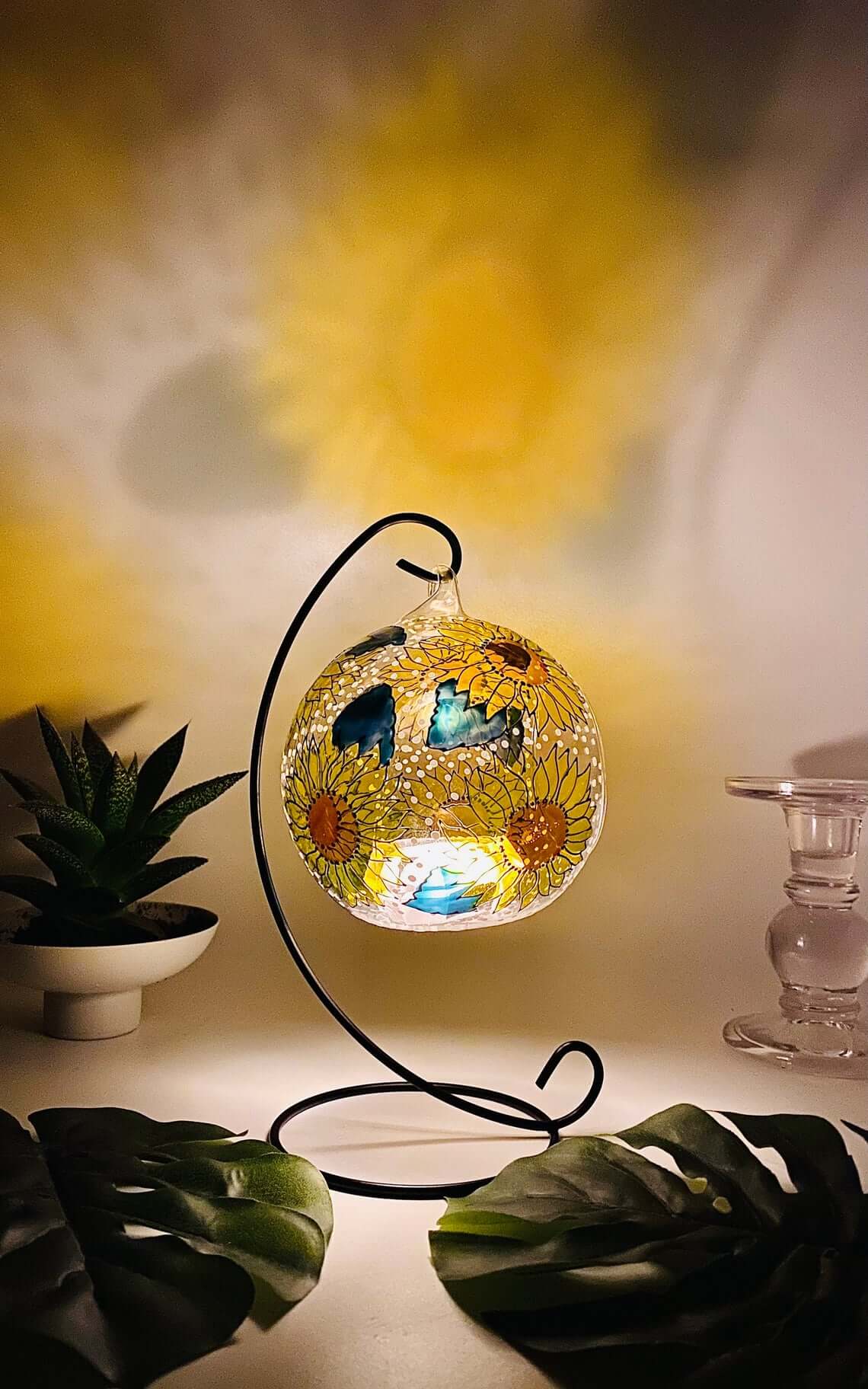 Glass Orb Lamp With Hand-Painted Sunflowers and Butterflies