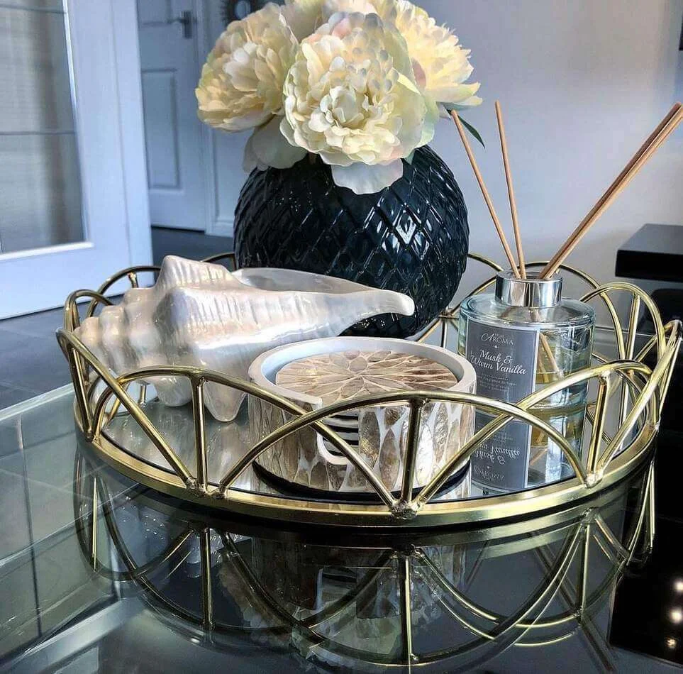 Mirrored Tray Holds Diffuser and Seashell Accent
