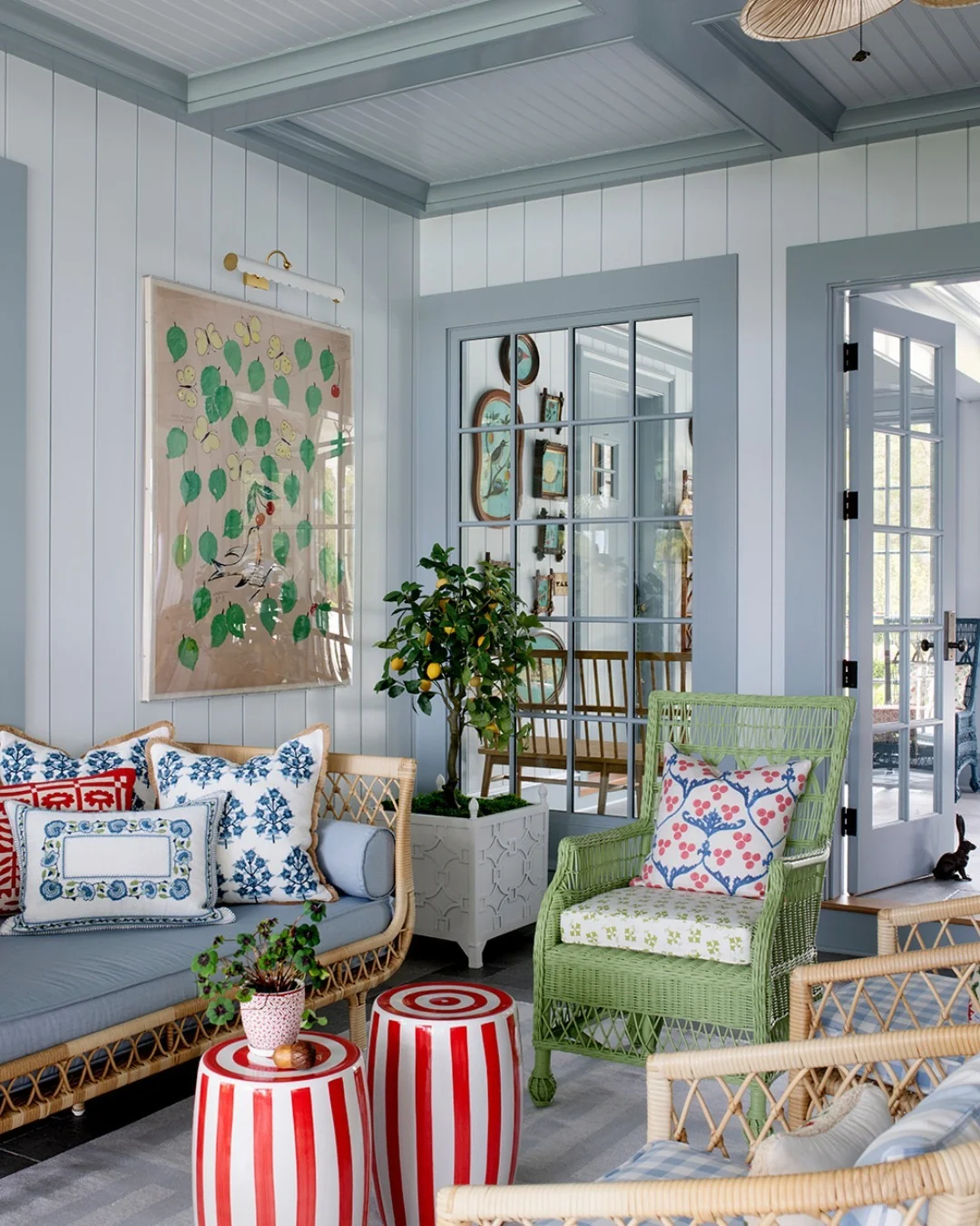 Bold Red and White Striped Garden Stools for a Playful Accent
