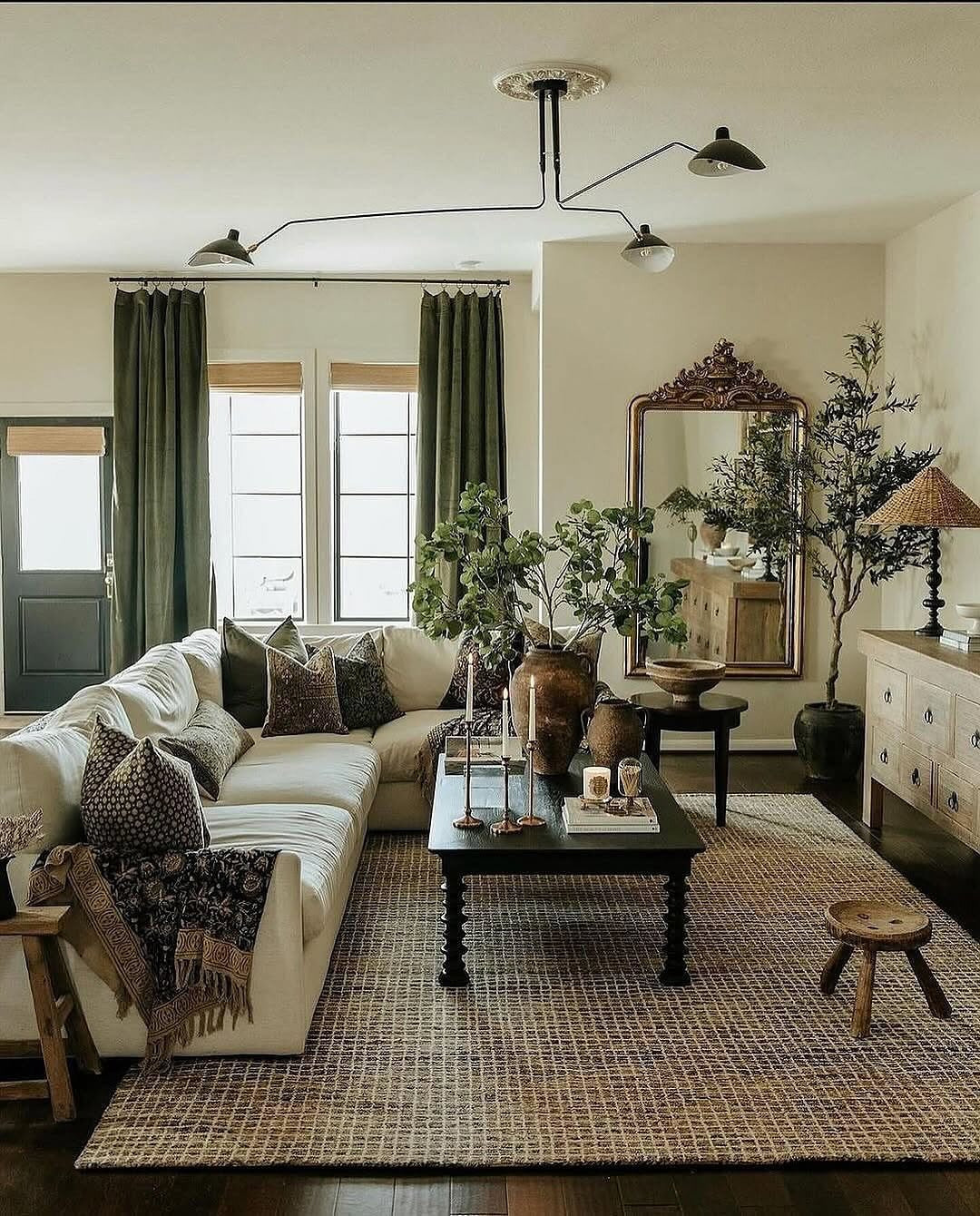 Ornate Gold Mirror Reflects Warm Wood Dresser and Greenery