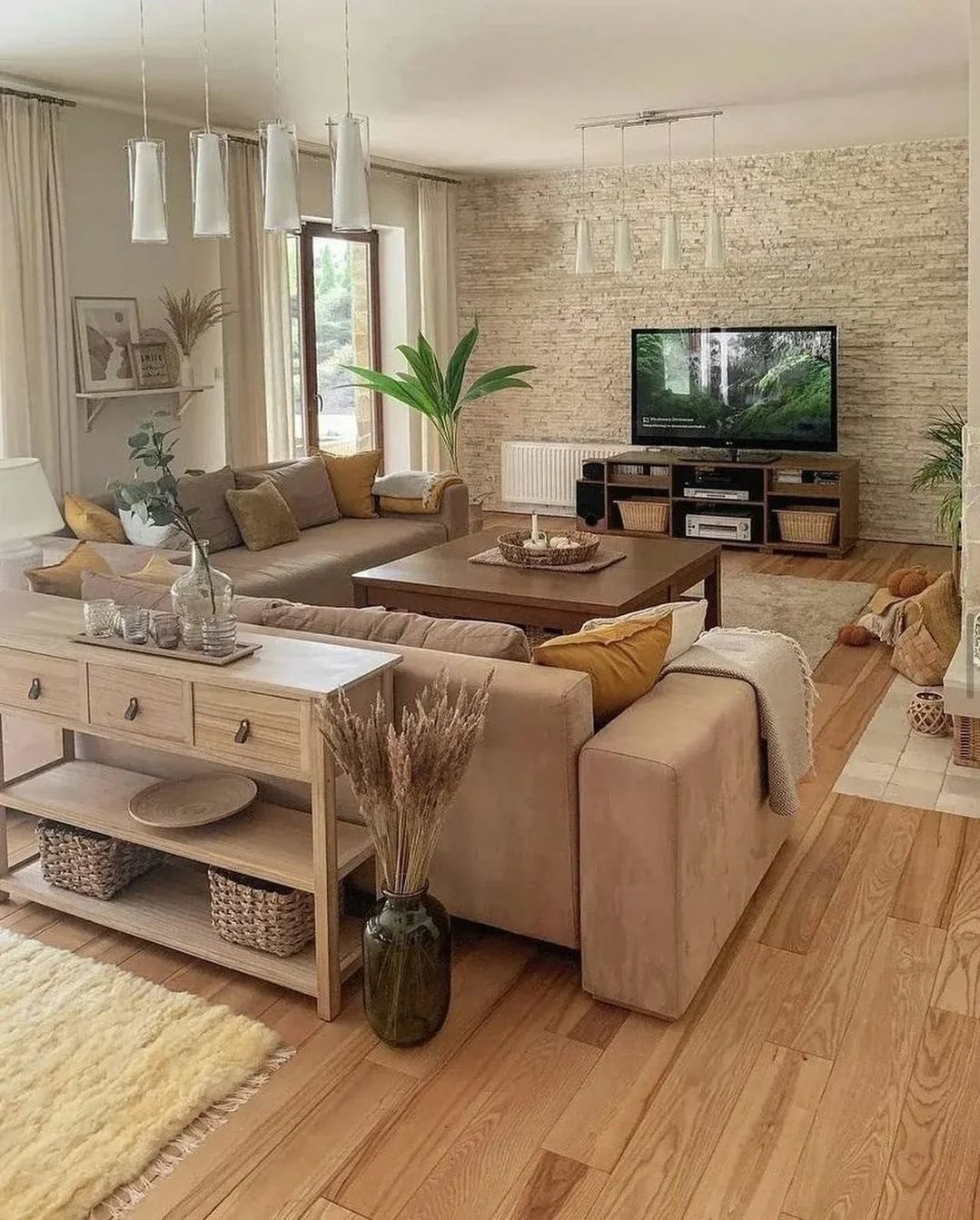 Textured Stone Wall Behind the Television