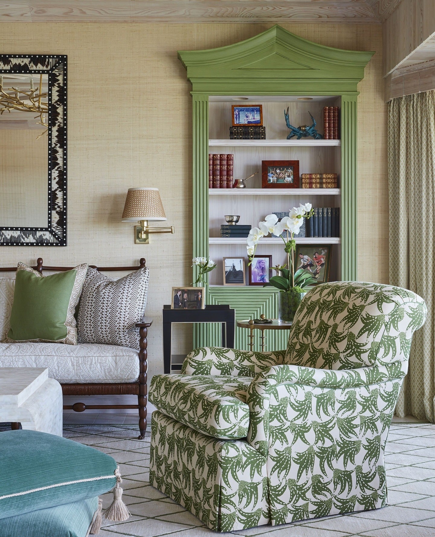 Green Built-In Cabinet With Decorative Pediment
