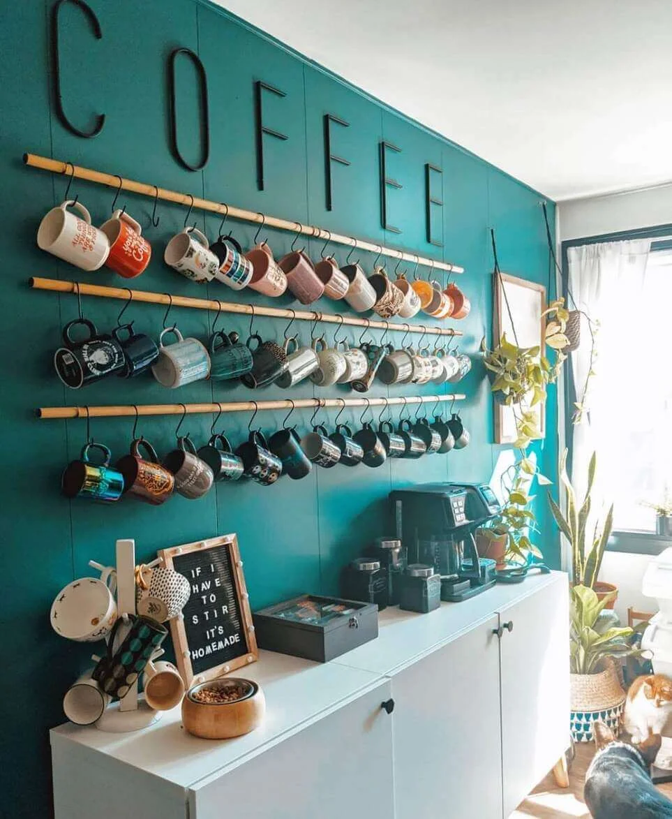 Wooden Dowels With S-Hooks Create Tiered Mug Displays