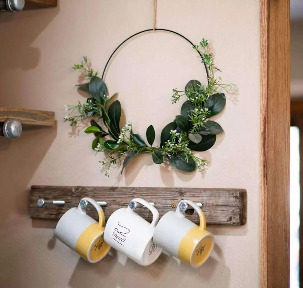 Reclaimed Wood Board With Hooks for Mug Display