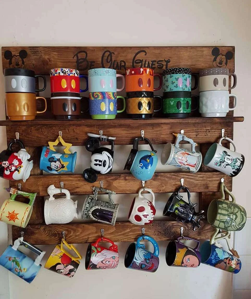 Wooden Pallet With Hooked Rods Displays Mugs