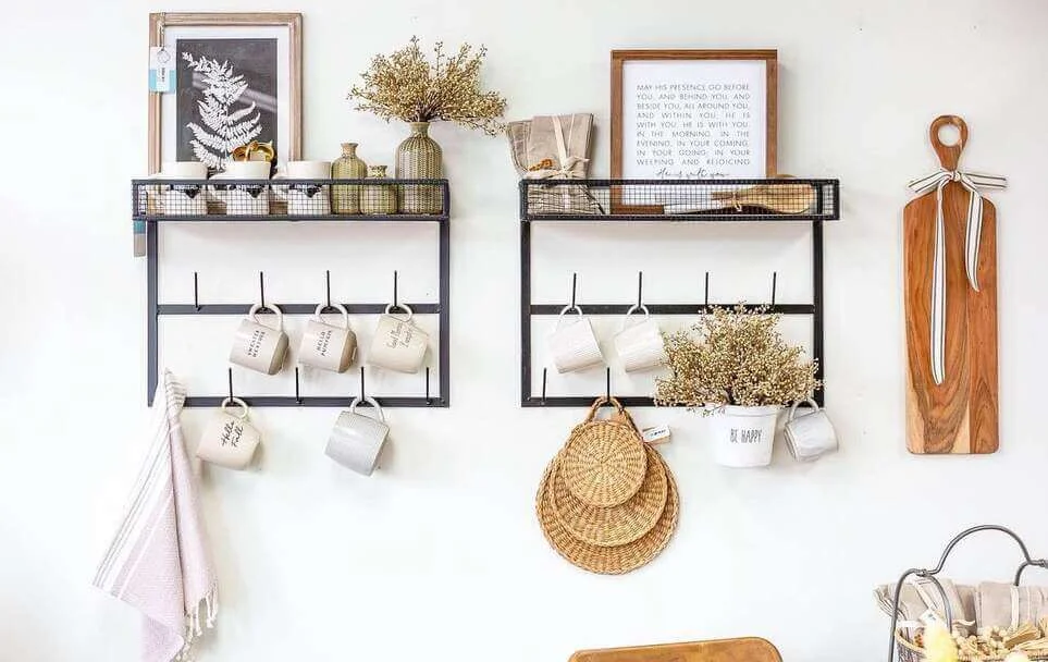 Utilize Black Metal Shelving with Integrated Mug Hooks