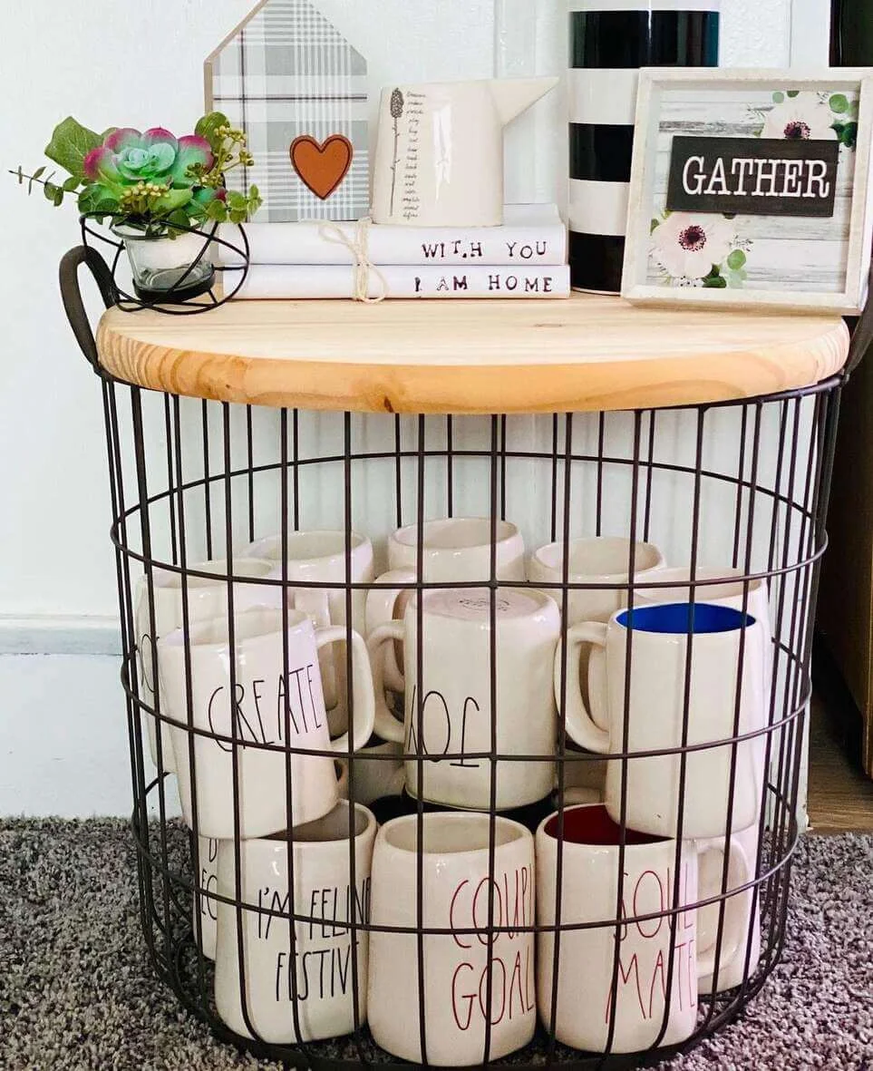 Wire Basket With Wooden Top Stores Mugs Behind Its Bars