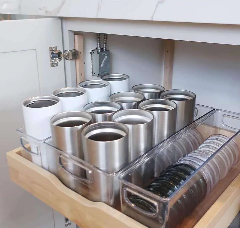Clear Bins Keep Tumblers and Lids Neatly Organized