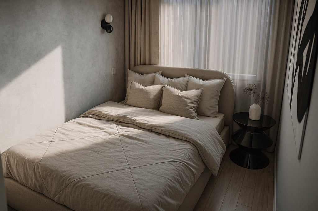 Sculptural bedside table with tiered levels holds a vase