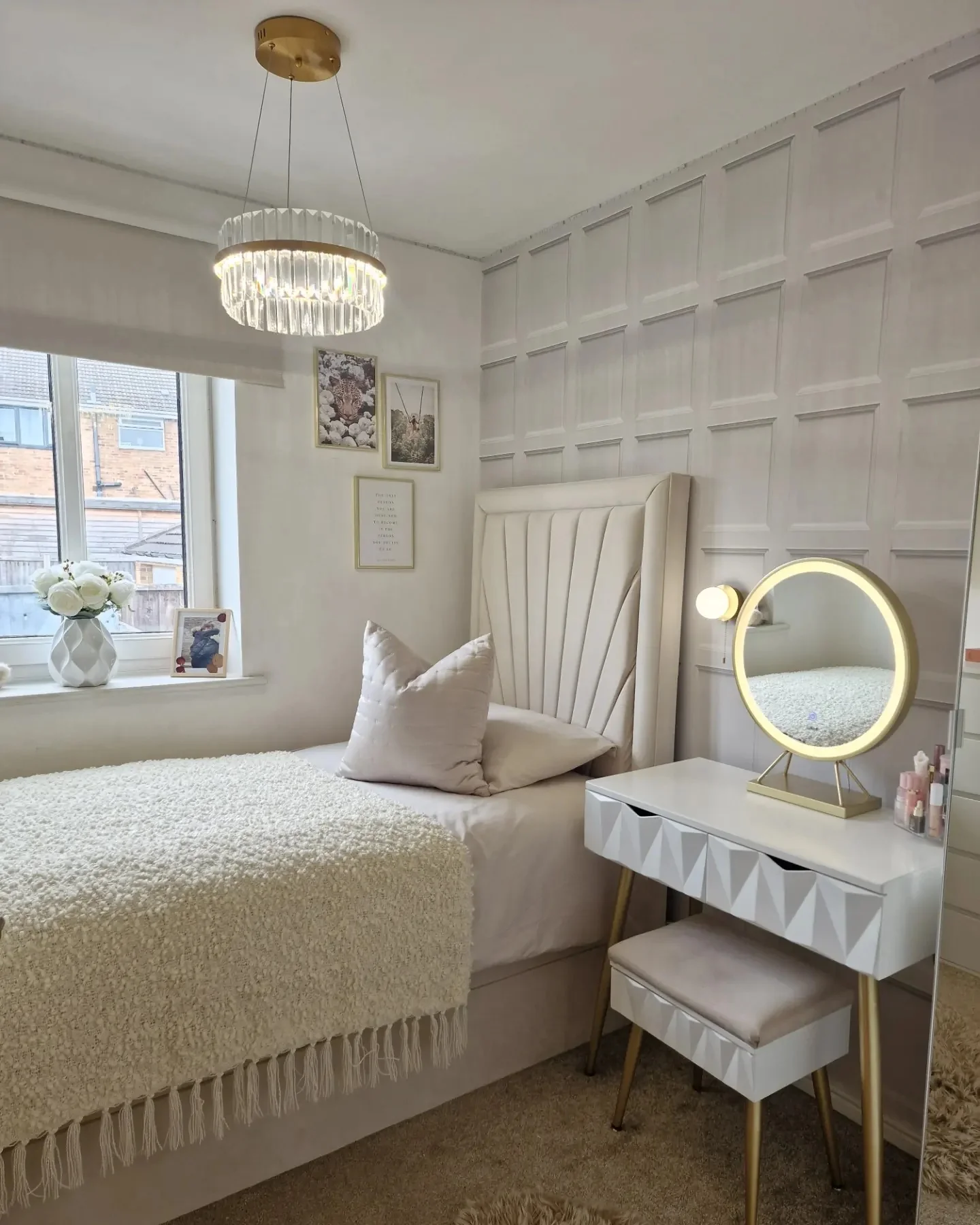 Paneled accent wall adds dimension to a small bedroom