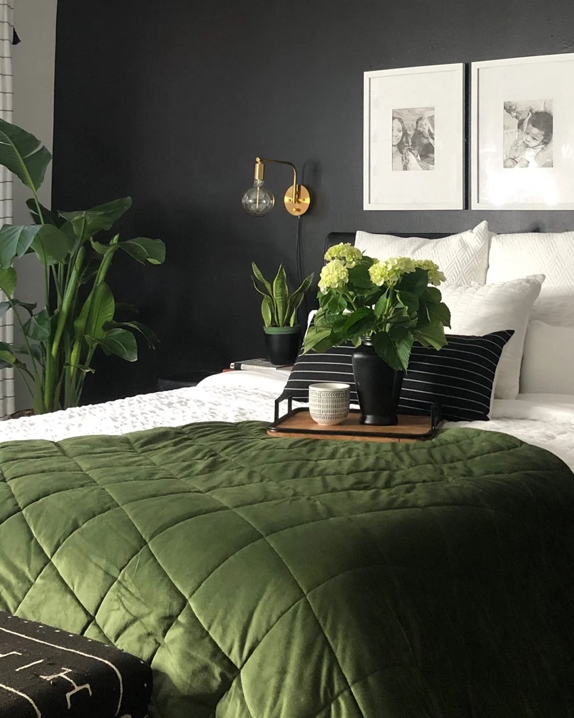 Dark Walls Make Greenery Pop Against White Bedding