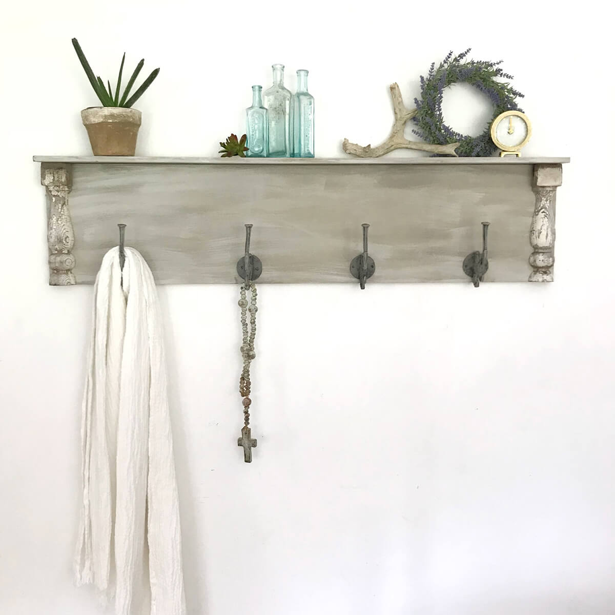 Vintage Bottles and Lavender Wreath for Shelf Decor