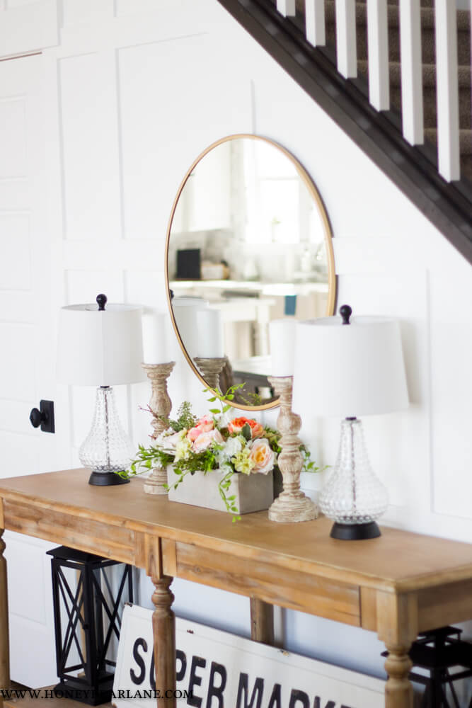 Glass Lamps and Floral Planter on Console