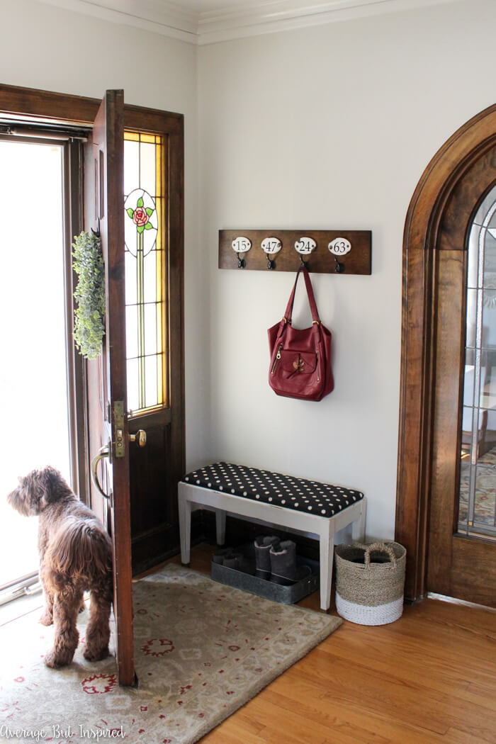 Wooden Coat Rack with Numbered Ceramic Tiles