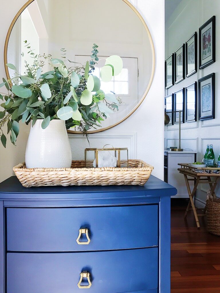 Layered Entryway Vignettes with Woven Tray and Glass Box