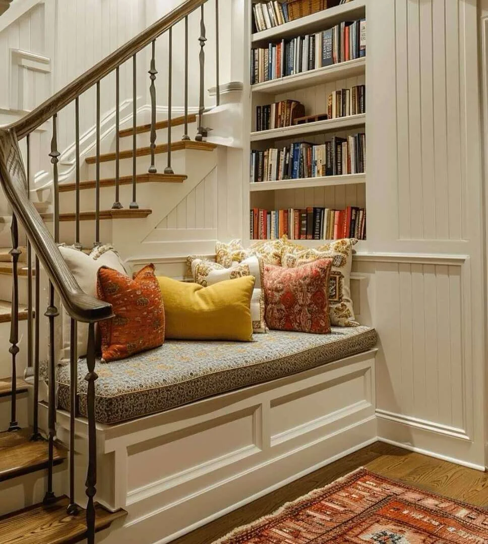Built-in Bench Creates a Reading Area Under the Stairs