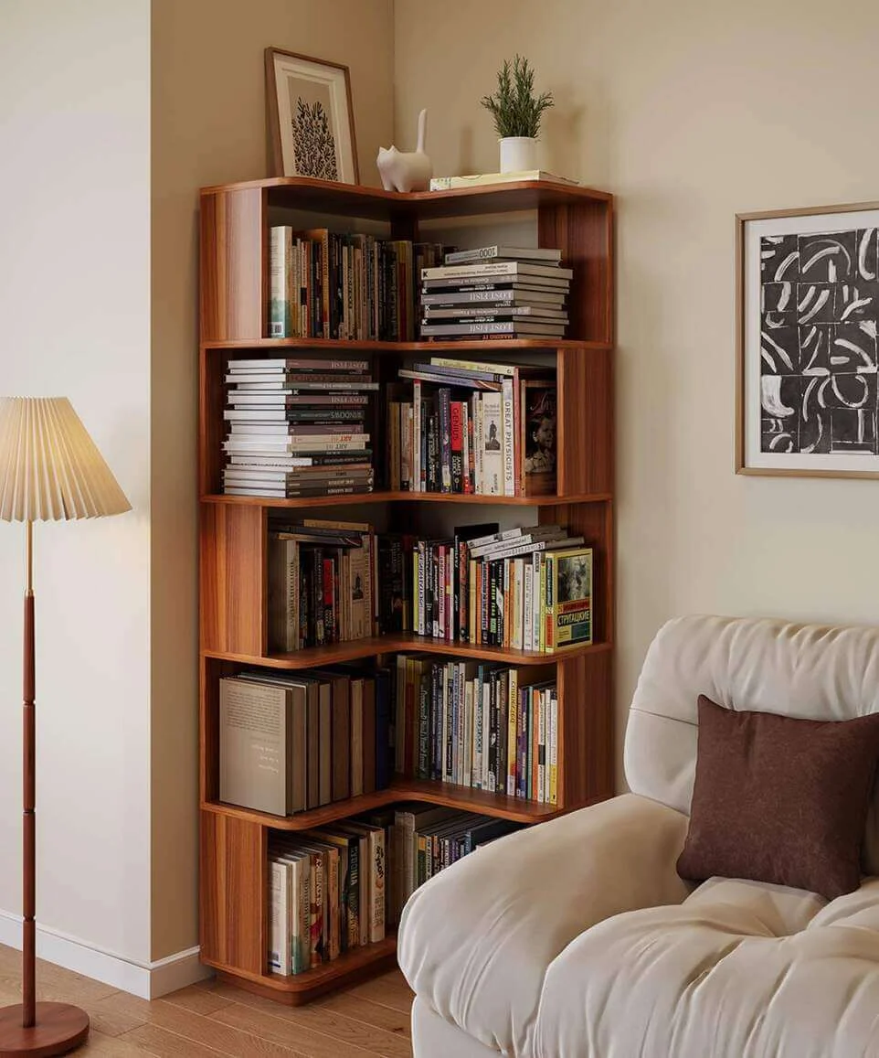 Corner Bookshelf Utilizes Awkward Space for Book Storage