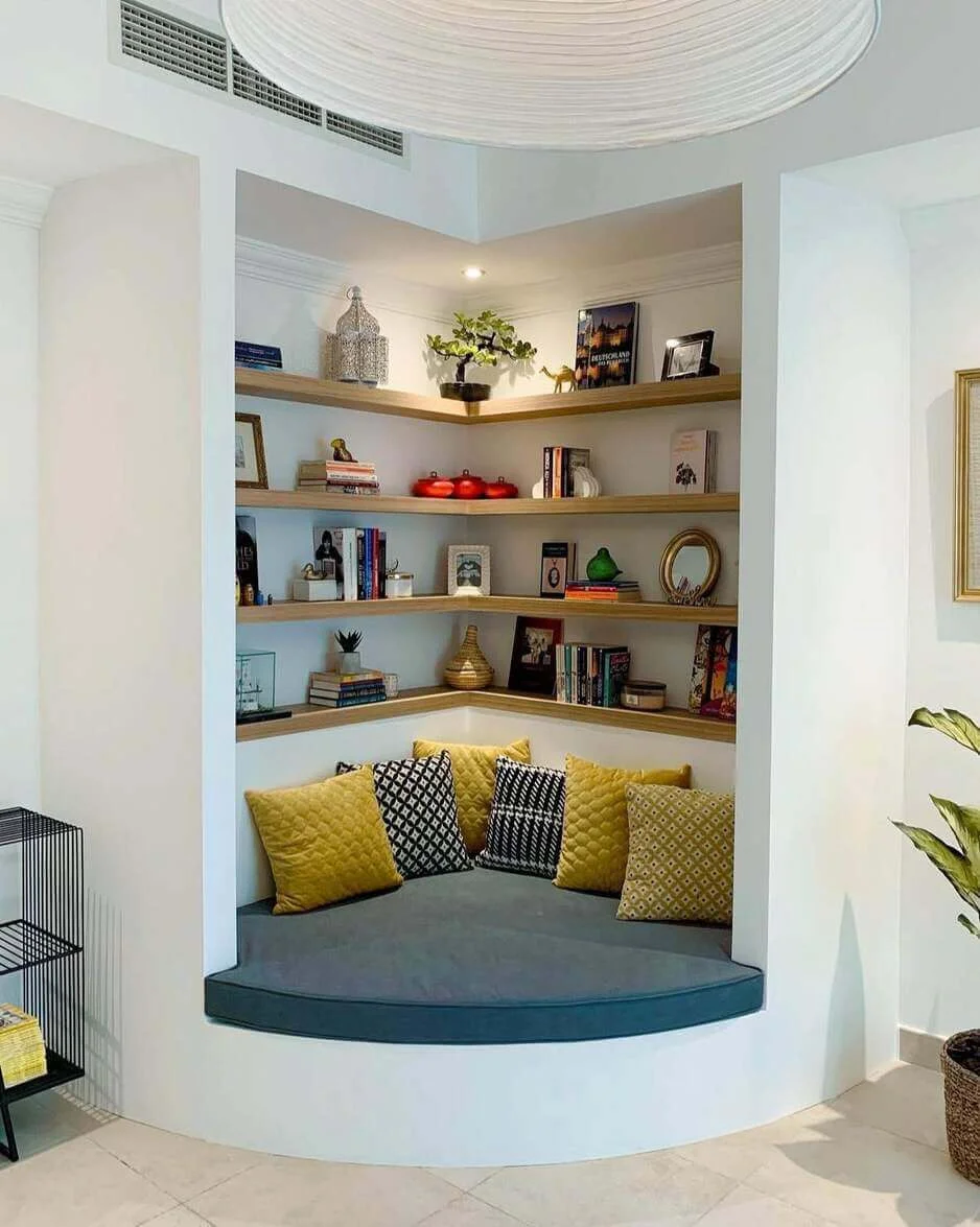 Corner Shelves Create a Built-In Book Haven