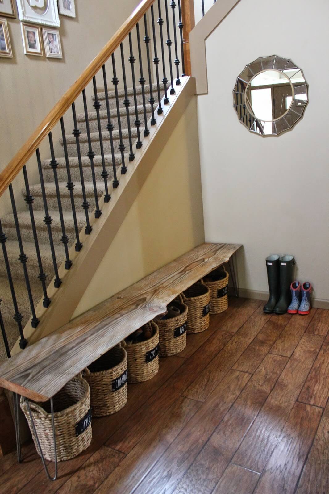Hide Shoes in Baskets Beneath a Live-Edge Wood Bench
