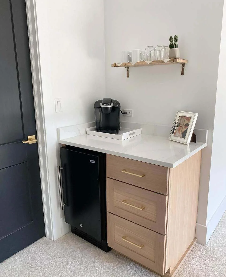 Light Wood Cabinets Store Coffee Essentials Below Counter
