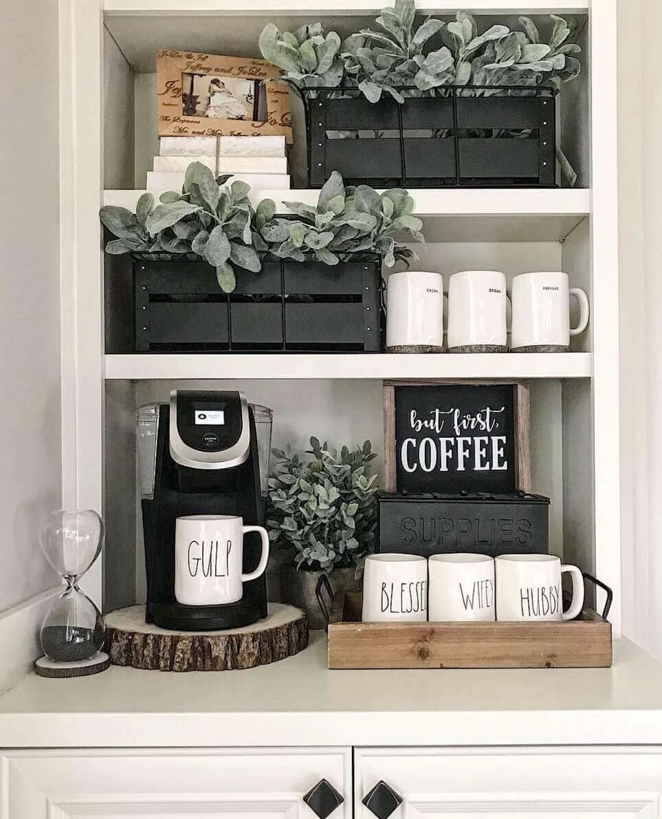 Rustic Wooden Tray Holds Mugs for a Cozy Coffee Bar