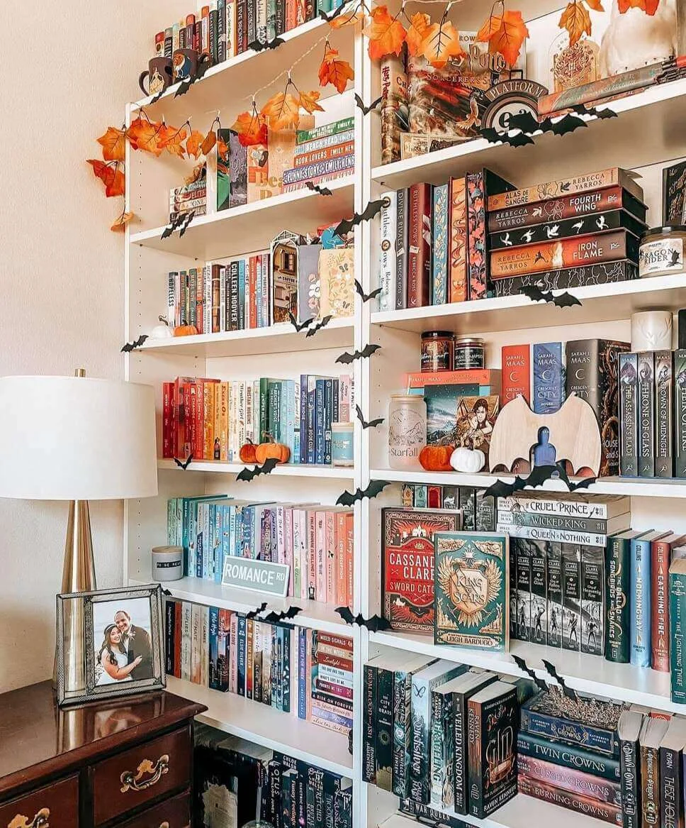 Paper bats add a spooky, playful touch to bookshelves