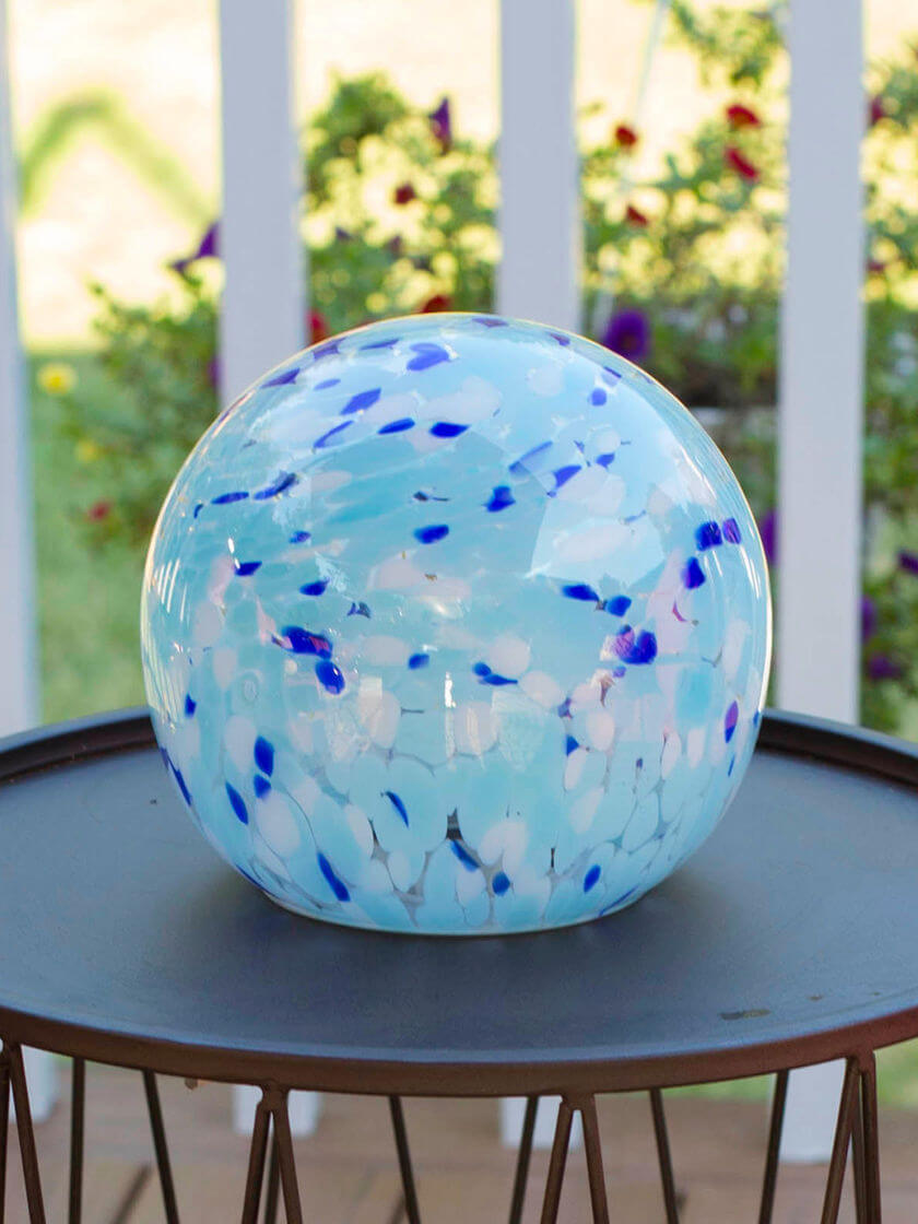 Glass Gazing Ball Adds Speckled Blue Light to Tabletops