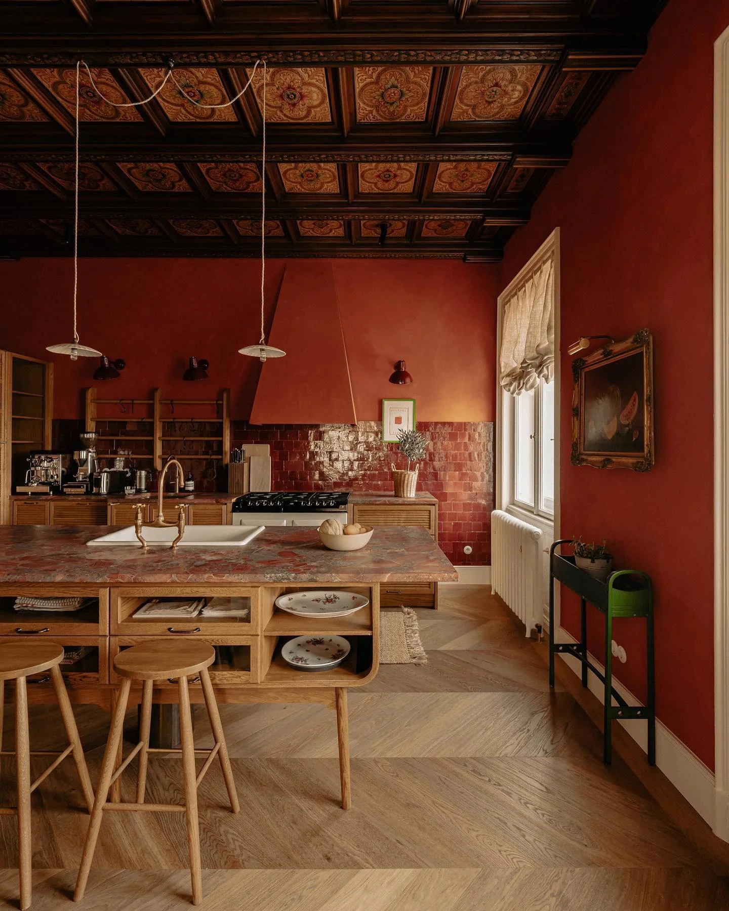 Contrast Bold Red Walls with an Ornate Pressed Tin Ceiling