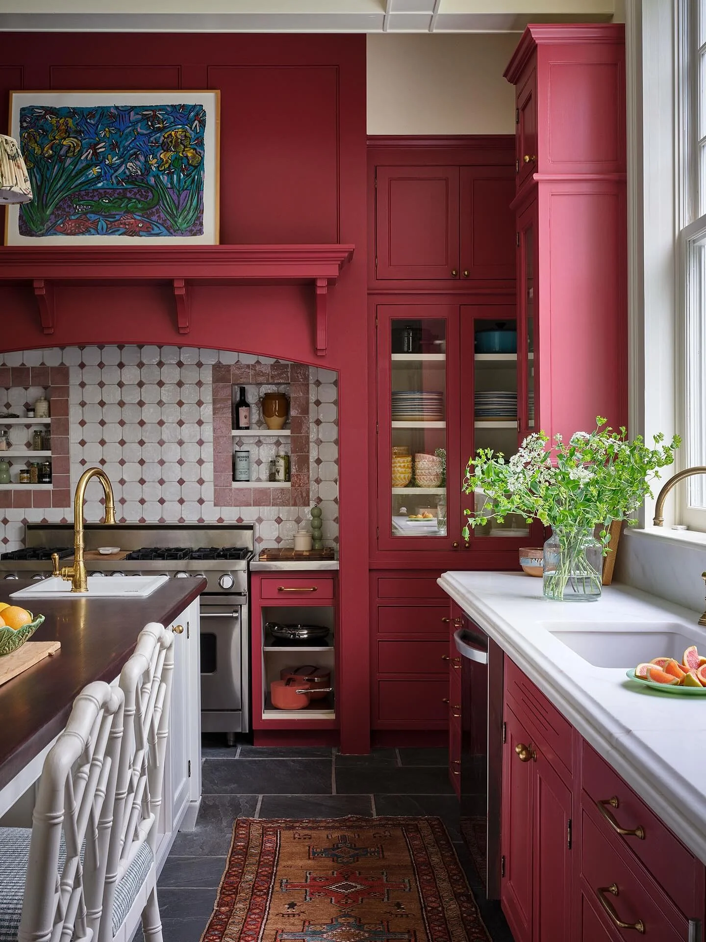 Daring Red Kitchens With A Bold, Geometric Tile Backsplash