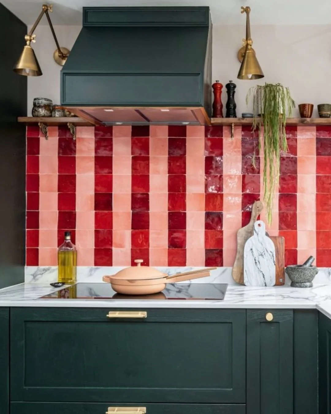 Playful Backsplash: Alternating Red and Pink Tiles