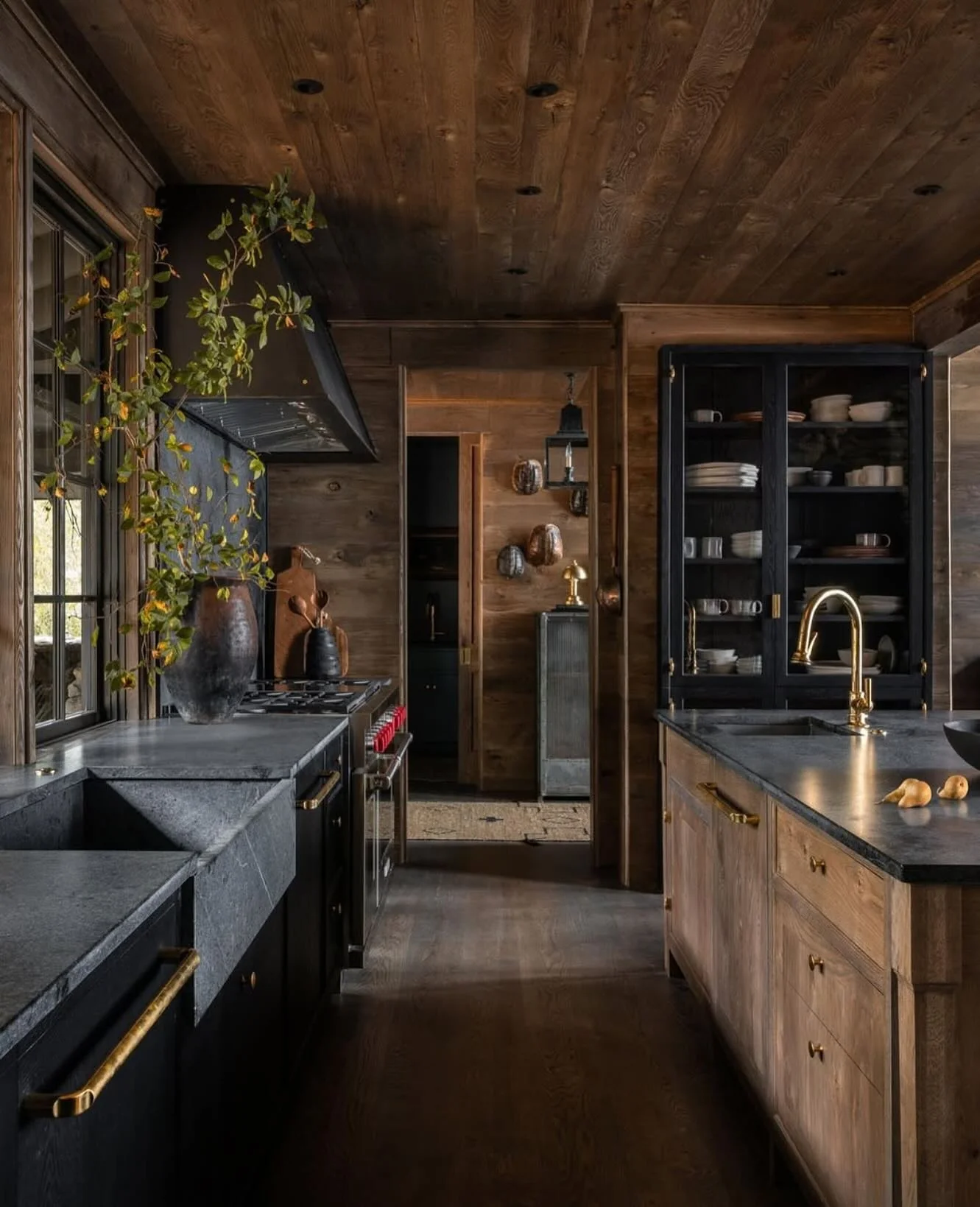 Dark Glass-Fronted Cabinet Displays Dinnerware